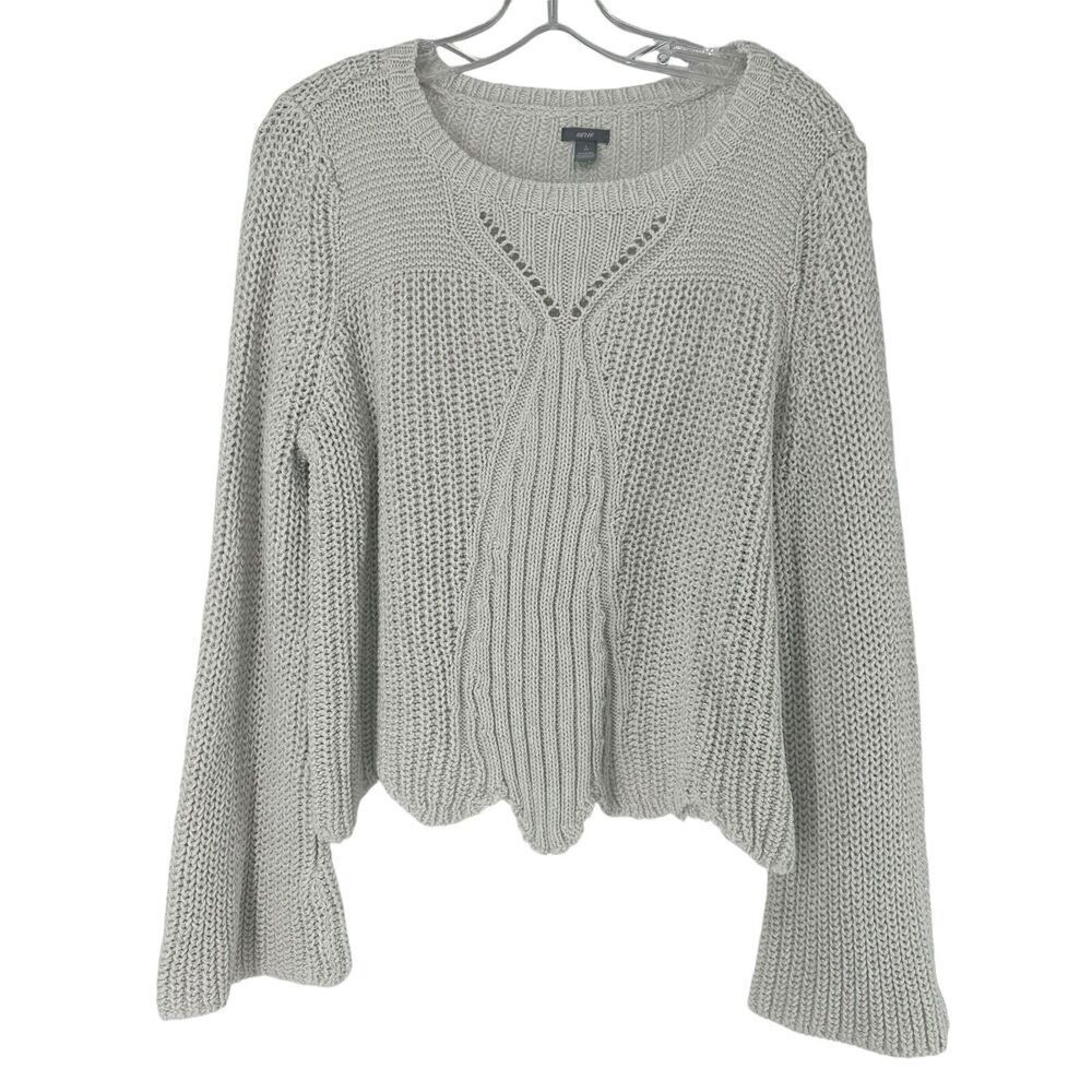 Aerie Sweater Ivory Size L Scalloped Hem Round Neck Flare Sleeve Silver Thread